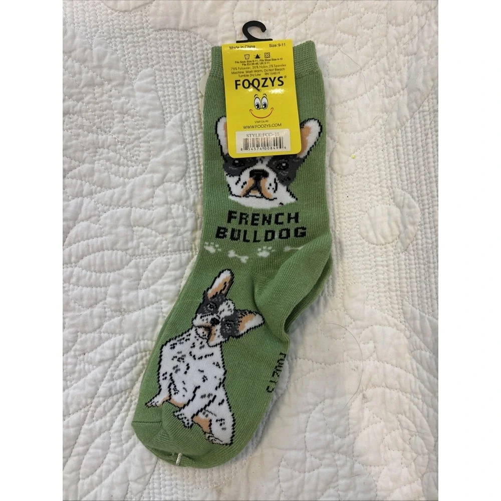 Foozy's Canine Collection French Bulldog Socks Women SZ 9-11 Green PolyBlend New